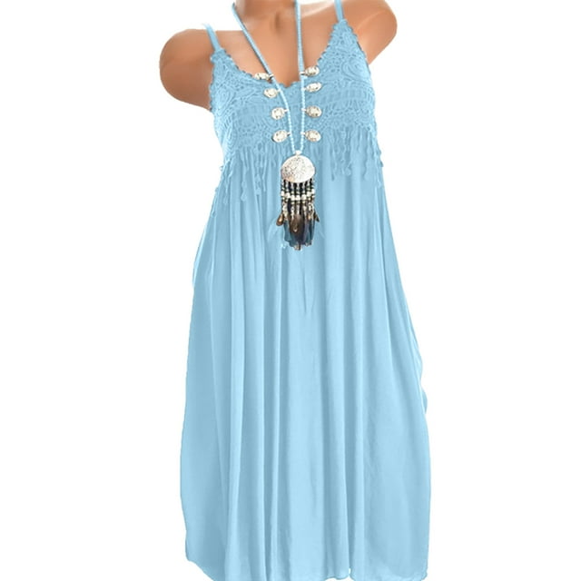HKEJIAOI Liquidation Robes Décontractées pour Femmes Cadeau de Noël Mode Féminine Sans Manches Été à Franges Coton Mode Longue Robe Bleue