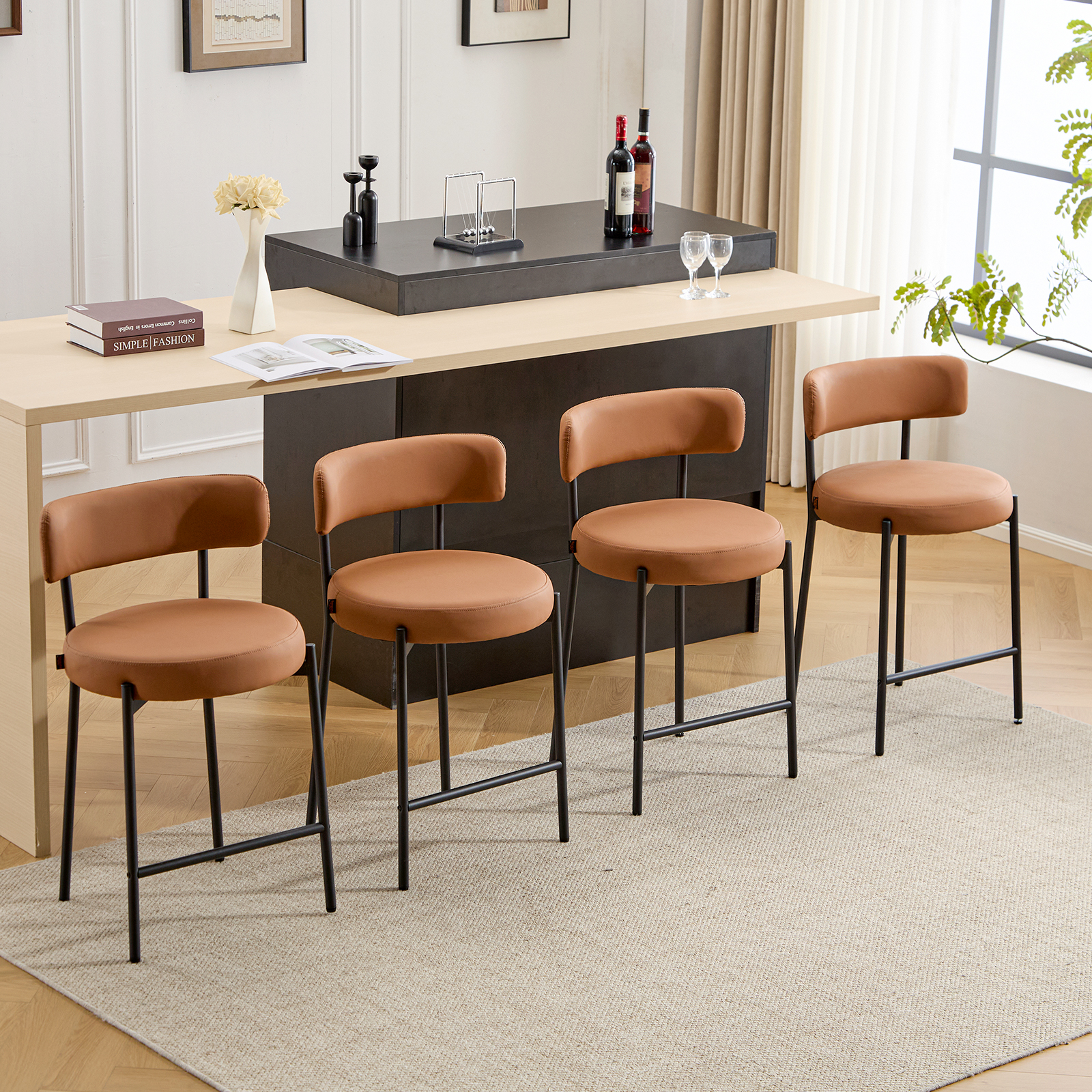 Furniliving Bar Stools Set of 2, Modern Counter Height Bar Stools with Back, Upholstered Bar Height Barstools for Kitchen Counter/Home Bar/Dining Room, Faux PU-Brown