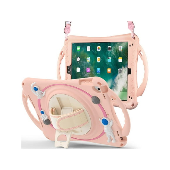 Cute Case for iPad 6th 5th Generation 9.7 inch 2018 2017, iPad Air 2, Air 1, iPad Pro 9.7, Shockproof Silicone Astronaut Cover with Stand Shoulder Strap, Handle Grip, Pencil Holder Pink