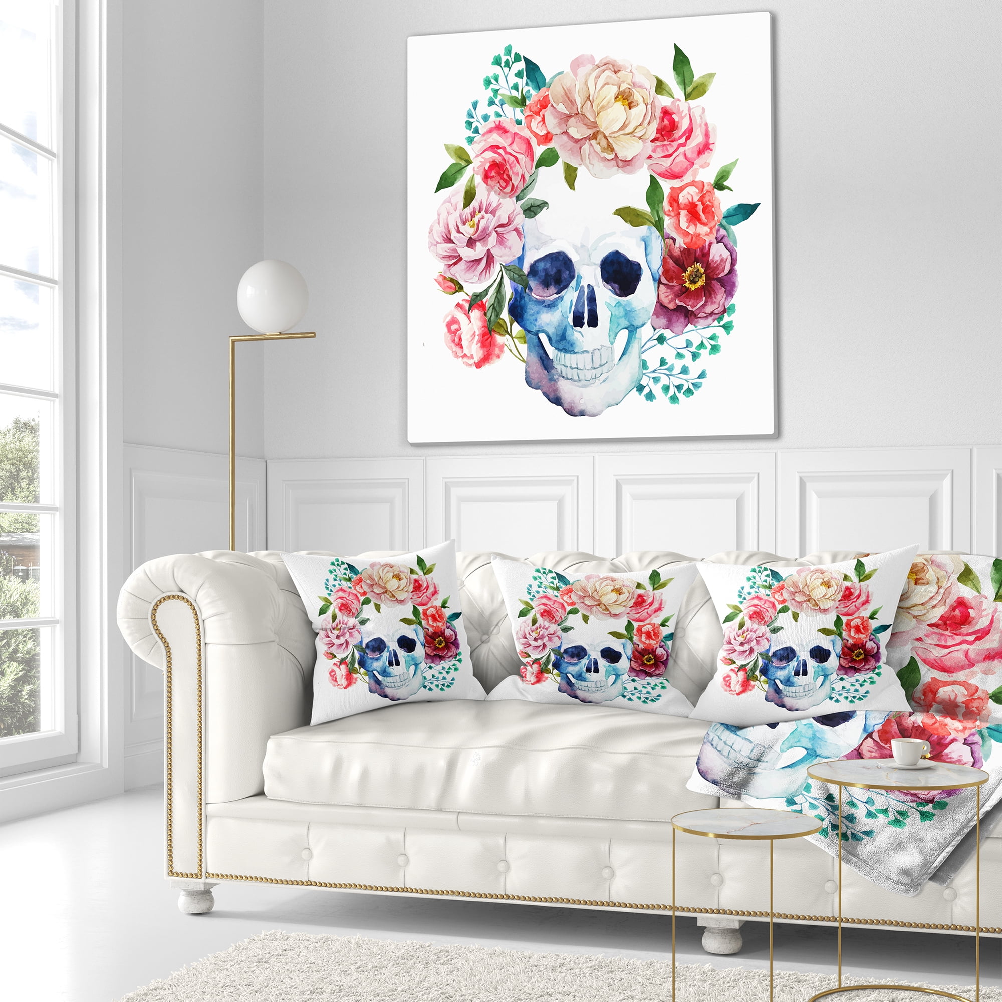 Designart Skull Bouquet Vector Art - Contemporary Throw Pillow - 18x18