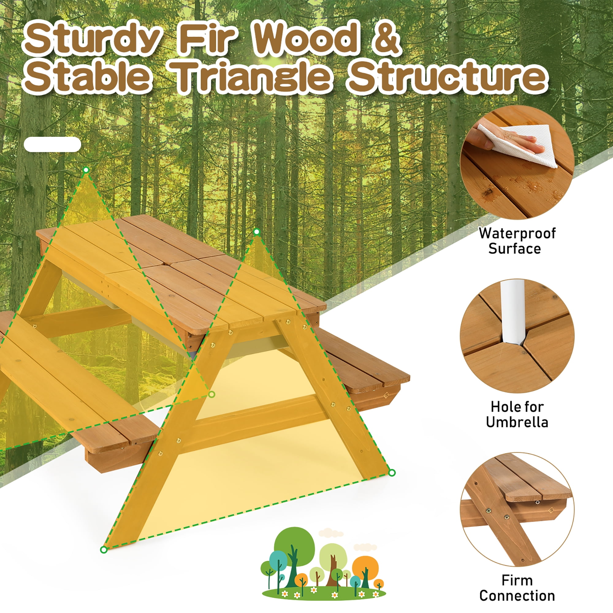 Costway 3-in-1 Kids Picnic Table Wooden Outdoor Sand & Water Table with Umbrella Play Boxes Natural