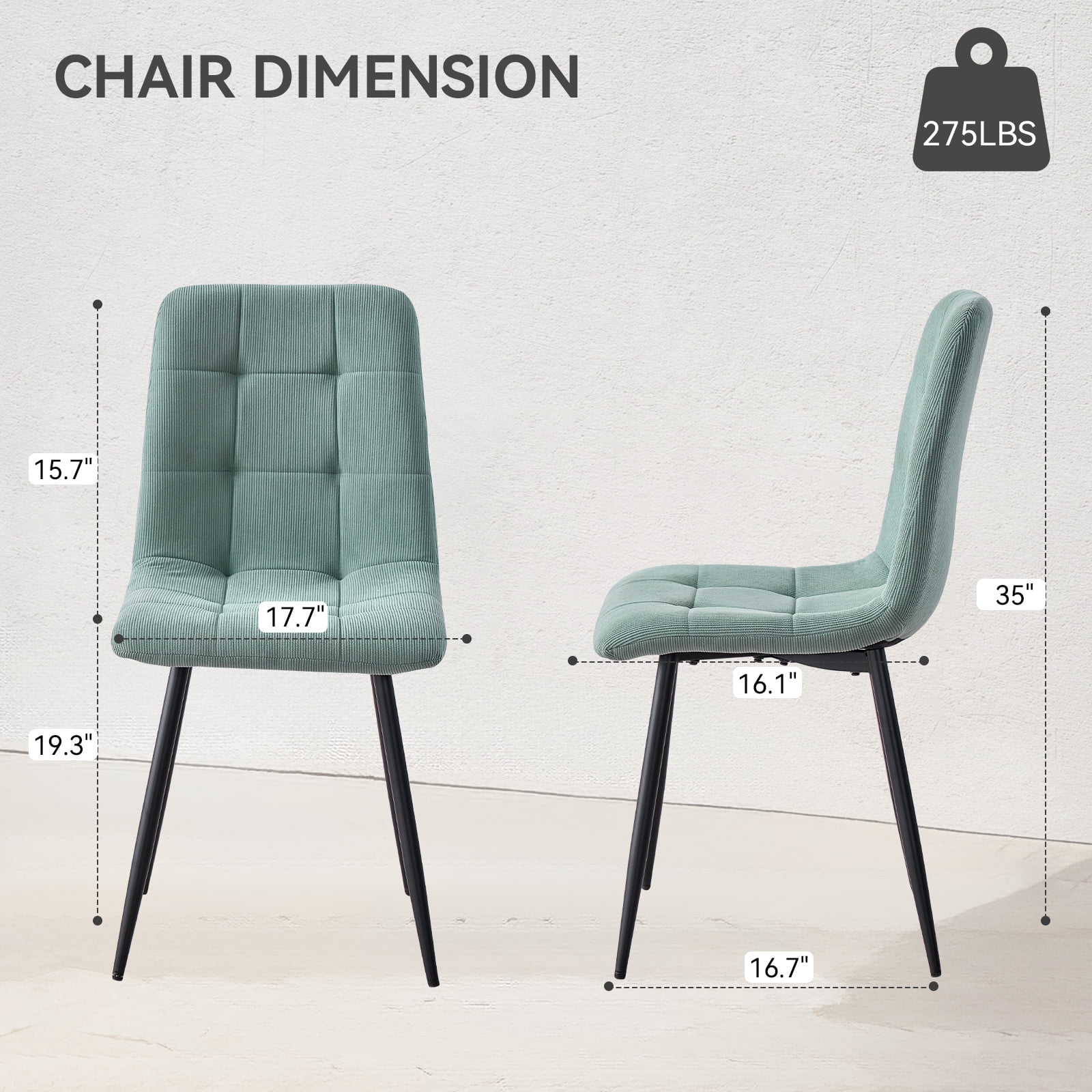 Corduroy Dining Chairs Set of 4, Modern Upholstered Fabric Kitchen Chair with Metal Legs for Living Dining Room, Apartment, Side Chairs with Thick Cushions, Green
