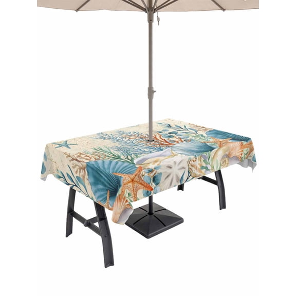 Outdoor Tablecloth with Umbrella Hole for Patio/Picnic/Party, Teal Blue Coastal Waterproof Table Cloth Rectangle Table Cover Washable, Summer Beach Starfish Shell Coral Nautical Retro (54"x 80")
