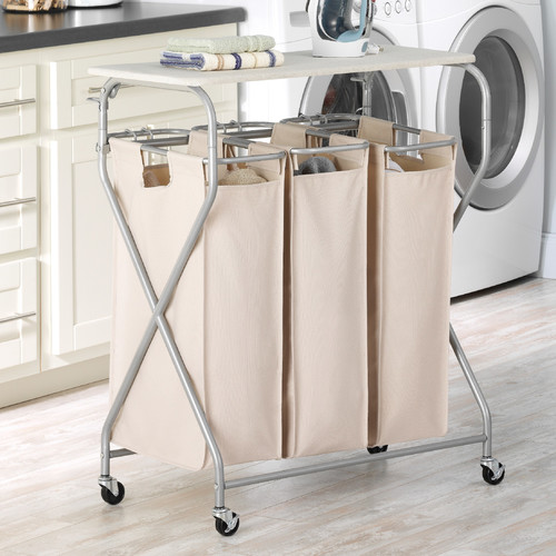 Easy Lift Triple Laundry Sorter with Folding Table
