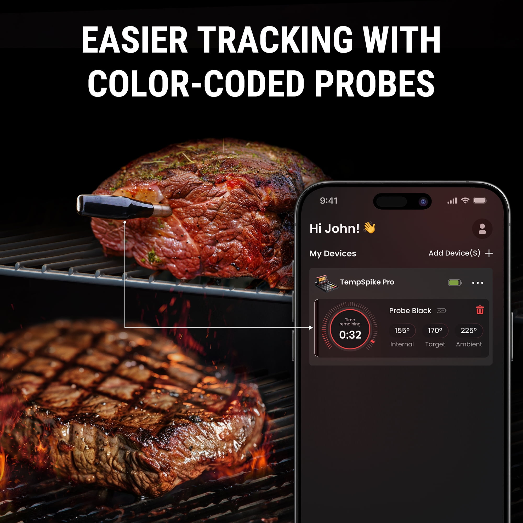 TempSpike Pro WiFi Bluetooth Wireless Meat Thermometer Digital, Unlimited Range, Detachable Thin Meat Probe & Standalone Base