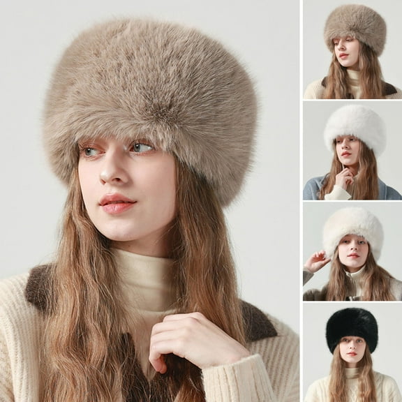 dianhelloya Women Winter Hat Faux Fur Soft Thick Elastic Anti-slip Warm Windproof No Brim Solid Color Ear Protection Basin Hat Outdoor Hunting Cap Beige
