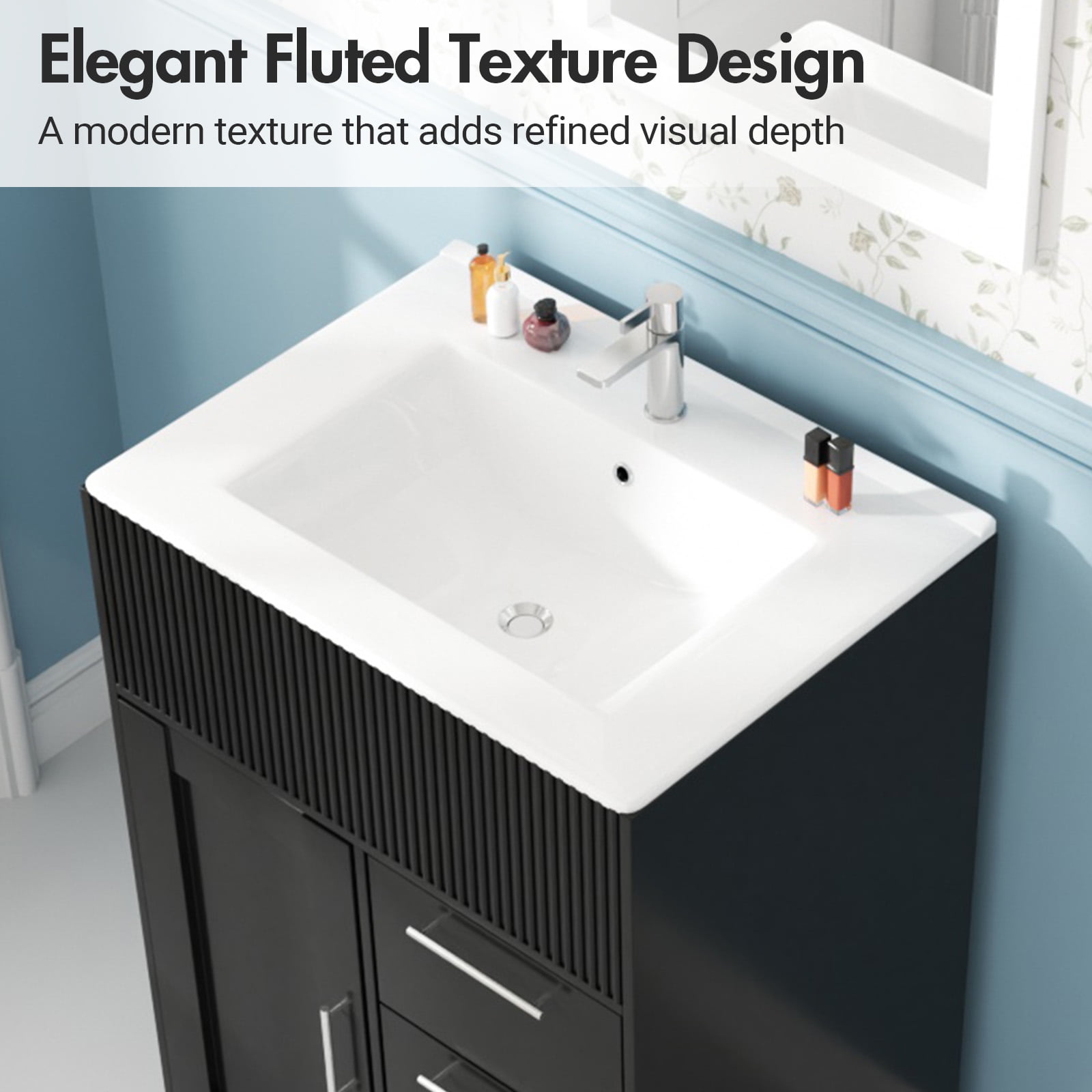 Advwin 24" Freestanding Bathroom Vanity with Ceramic Sink, Modern Bathroom Storage Cabinet with 3 Drawers, Black