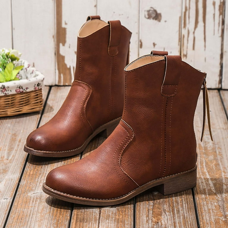 Jsaierl Women s Mid Calf Western Cowgirl Boots Cowboy Ankle Boots Chunky Heel Pointed Toe Fashion Festival Boots for Women