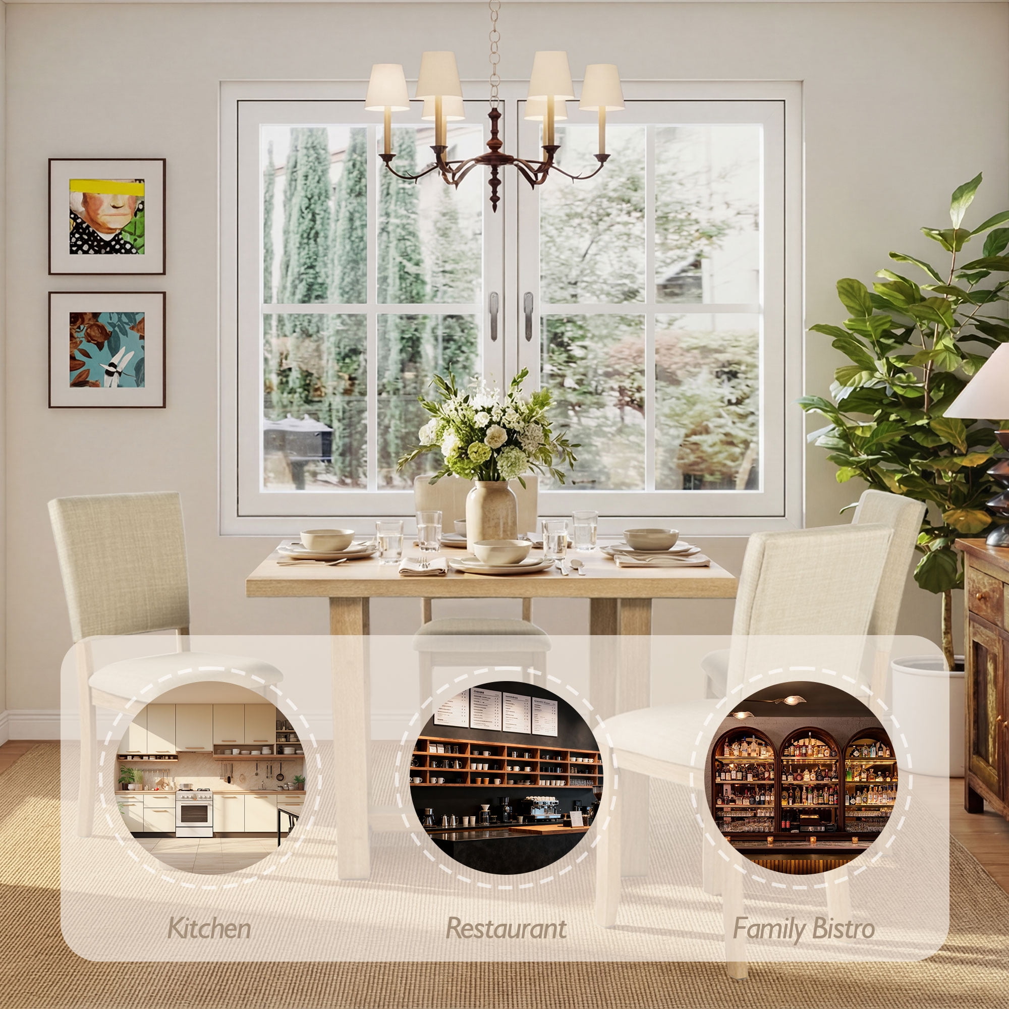 Aukfa Farmhouse 5-Piece Wood Upholstered Dining Set, Light Oak