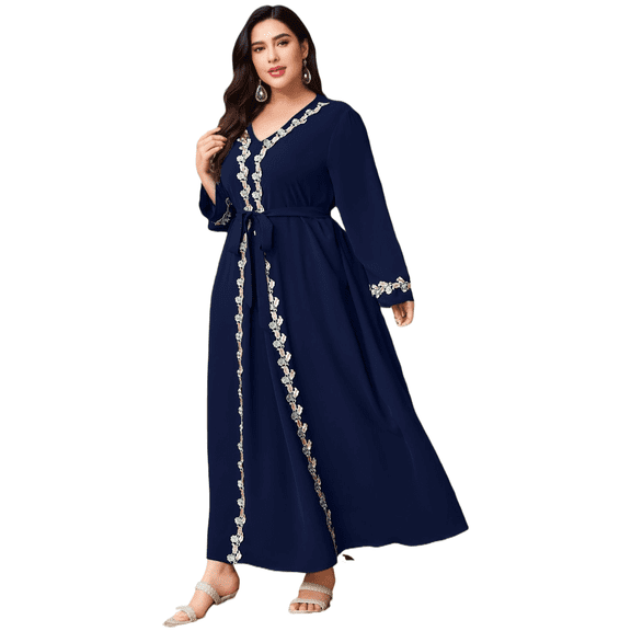 AURA Women Plus Size Muslim Long Sleeve Maxi Dress Elegant Lace Patchwork Belt Dress