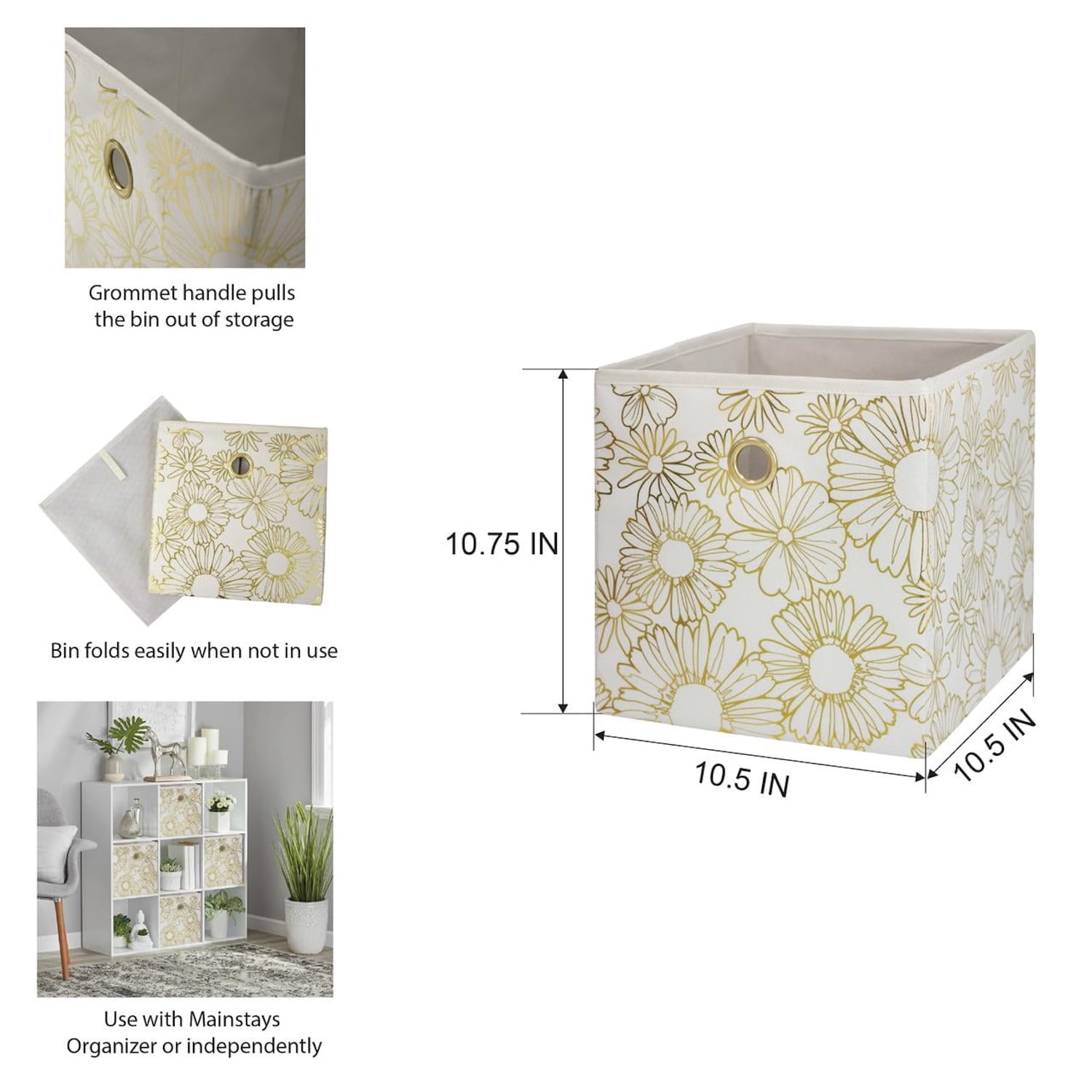 (2 pack) Mainstays Gold Metallic Collapsible Fabric Cube Storage Bin with Metal Grommet Handle