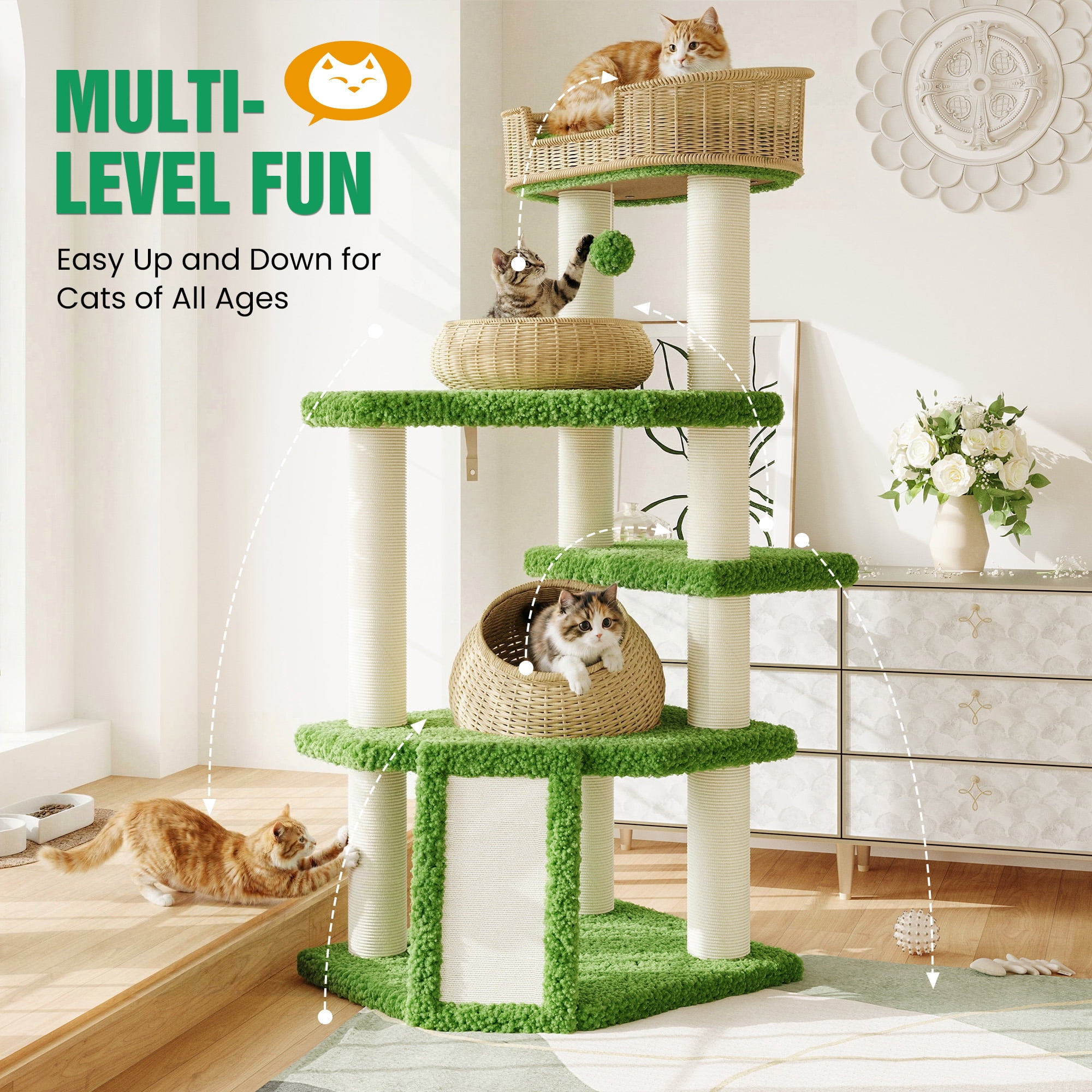 Merrland 57" Cat Tree for Indoor Cats and Kittens, Multi-Level Cat Tower with Teddy Fleece, Rattan Condo, Scratching Ramp and Posts, Dual-Sided Cushion Design, Green