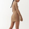 thumbnail image 4 of Robe Chandail pour Femmes Manches Longues Bodycon Col Montant Côté Cordon Ajusté Tricoté Côtelé Robe Beige Clair P, 4 of 6
