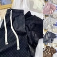 thumbnail image 3 of Women Ice Silk Long Pants Elastic High Waist Drawstring Wide Leg Plaid Trousers, 3 of 10
