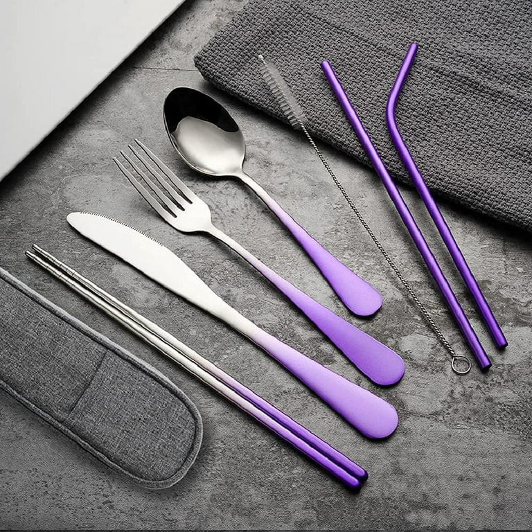 Travel Utensils Set with Case Reusable Portable Cutlery Set Stainless Steel  8pcs Including Dinner Knife Fork Spoon Chopsticks straws (Gradient Purple)  