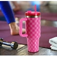 thumbnail image 5 of Mainstays 40 oz Stainless Steel Tumbler with Straw and Handle, Double Wall Insulated, Pink Check, 5 of 7