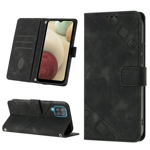 Compatible with Samsung Galaxy A12 Classic Embossed PU Leather Case with Card Holder Shockproof Cover