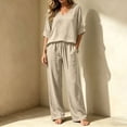 thumbnail image 6 of Floleo Women Solid V-Neck 3/4 Sleeve High-Low Faux Linen Top Drawstring Waist Wide Leg Pants 2 Piece Loungewear Set, 6 of 7