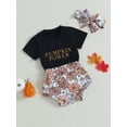 thumbnail image 3 of Wassery Baby Girls Halloween Clothes 6 12 18 24 Months Infant Summer Casual Pants Set Short Sleeve Letter Print T-Shirt and Pumpkin/Floral Print Elastic Shorts Headband Set 3Pcs, 3 of 9