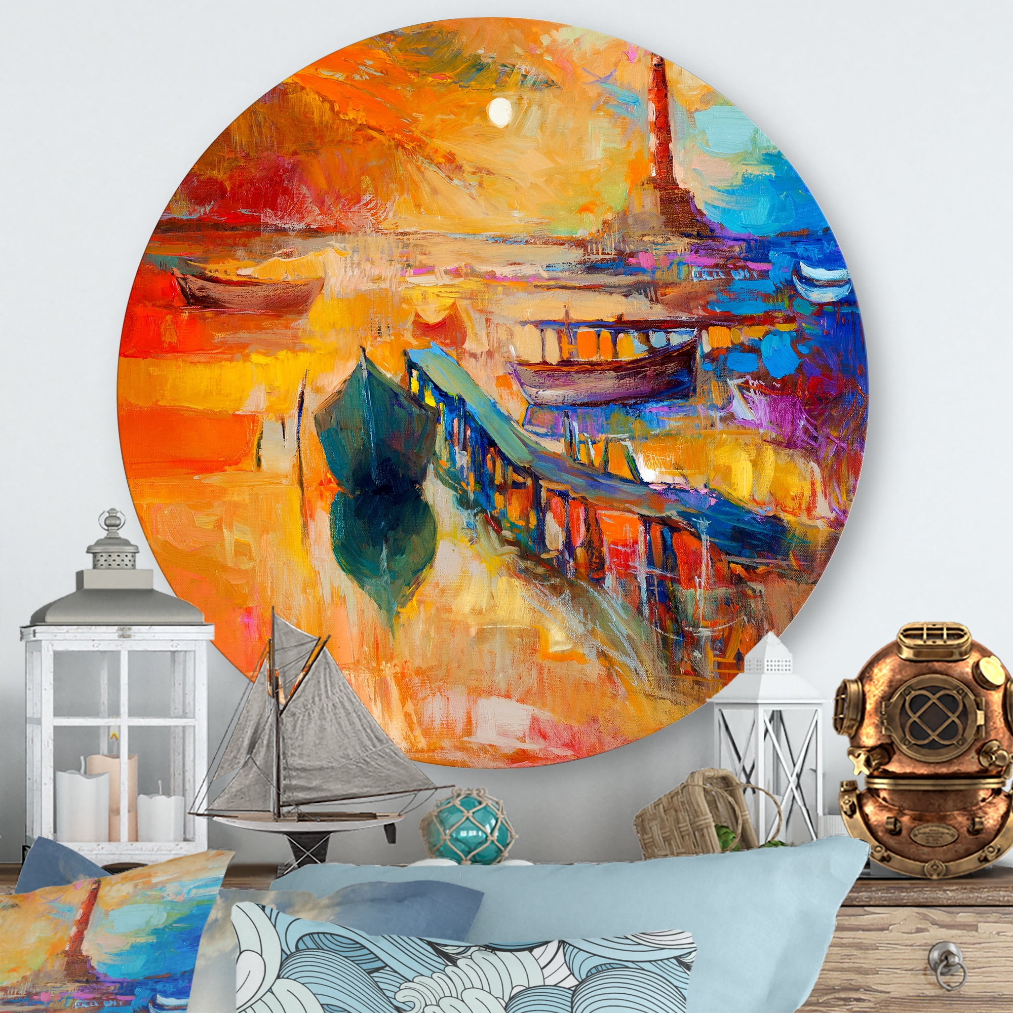 Designart 'Boats Near Coastal Town Resting On The Water III' Nautical & Coastal Circle Metal Wall Art 11x11 - Disc of 11
