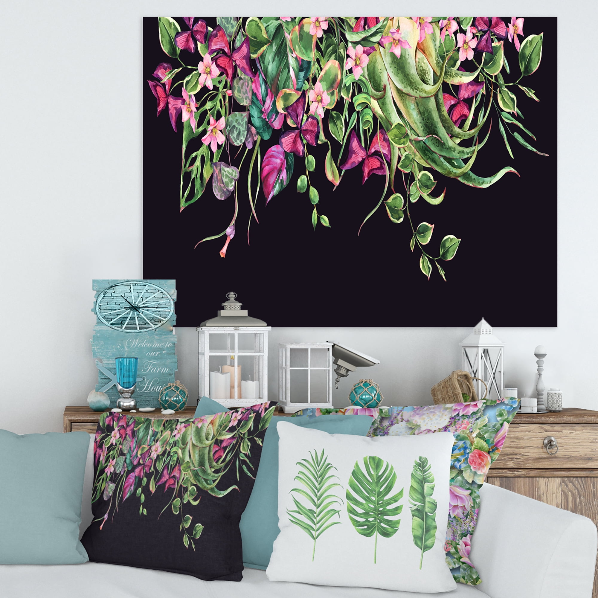 Designart ' Floral Tropical Leaves On Black Background ' Farmhouse Canvas Wall Art Print