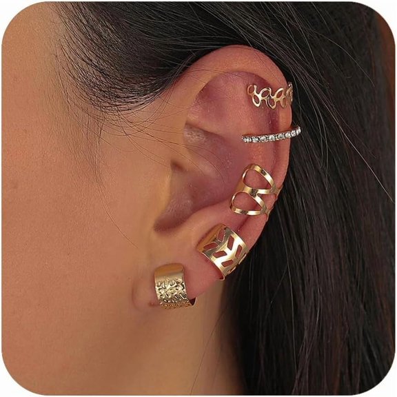 Gold Ear Cuff Earrings for Women Non Piercing Cute Small Clip-On Cartilage Earring Set 14K Gold Plated Tassel Chain Pearl Adjustable Cubic Zirconia Sparkling Round Huggie Ear Cuff Fake Punk Jewelry