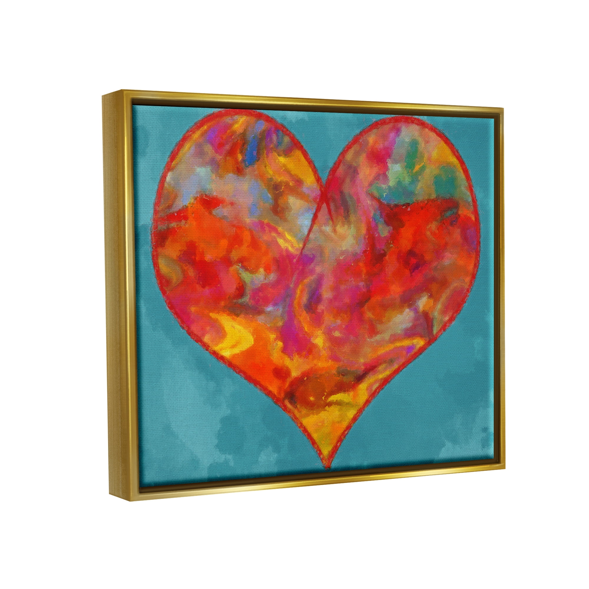 Stupell Industries Modern Heart on Blue Abstract Painting Gold Floater Framed Canvas Art Print Wall Art, 31 x 25