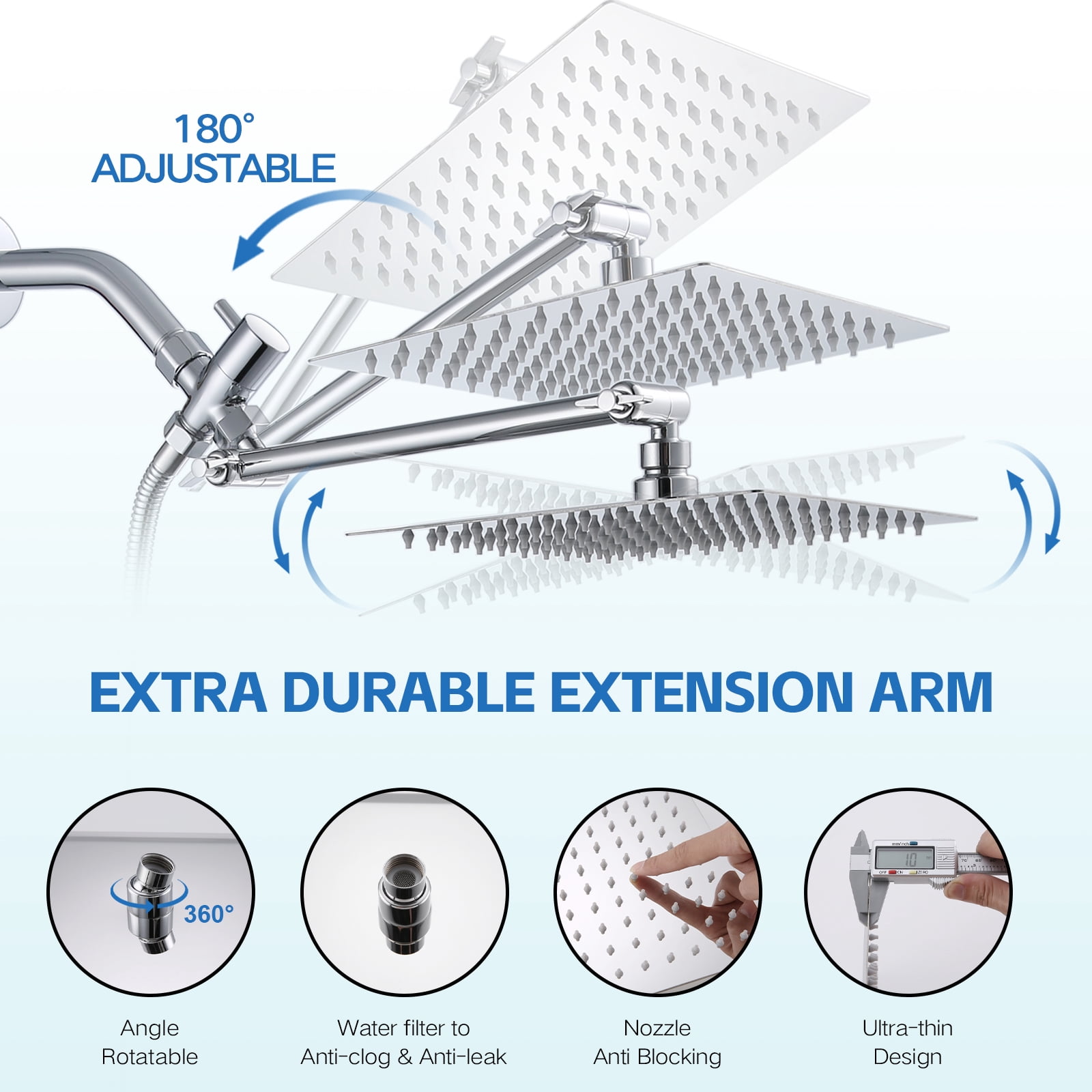 Scilulu 8"Rain Shower Head with Handheld Spray Combo with 11'' Angle Adjustable Extension Arm/Flow Regulator/Shower System,High Pressure Rainfall Shower Head Clean Bathroom,Chrome