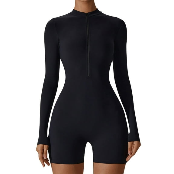 Yokua Women's Yoga Romper Long Sleeve Solid Color Zipper Front Fitness Jumpsuit