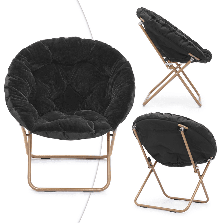 Magshion Saucer Chair Soft Faux Fur Folding Accent Chair Lounge Lazy Chair Moon Chair Seat with Metal Frame for Bedroom Living Room Black