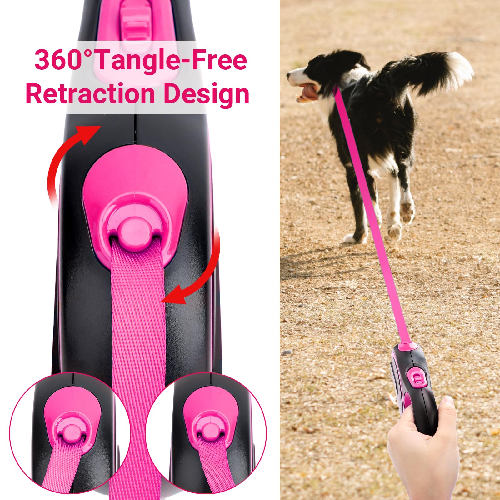 KUCASI Pink Retractable Dog Leash, 16ft Heavy Duty Walking Dog Leash for Medium Small Dogs up to 44lb, Anti-Slip Handle 360°Tangle-Free Nylon Tape, One-Handed One Button Lock and Release