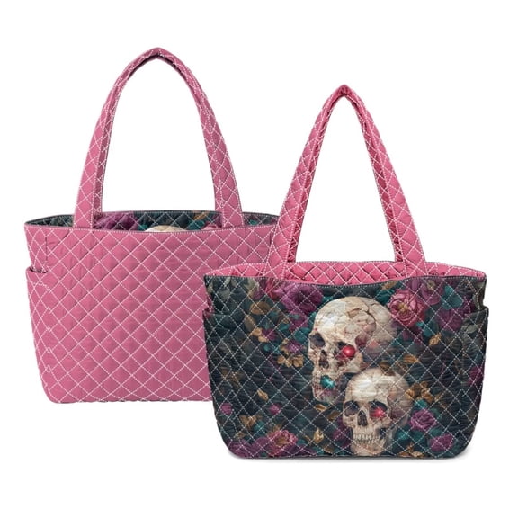 ZUXONGSY Skull Rose Print Women's Quilted Laptop Tote Bag – Reversible Handbag, Large 15.35" Shoulder Bag, Multi-Pocket Organizer for Work, Travel, Shopping, Pink
