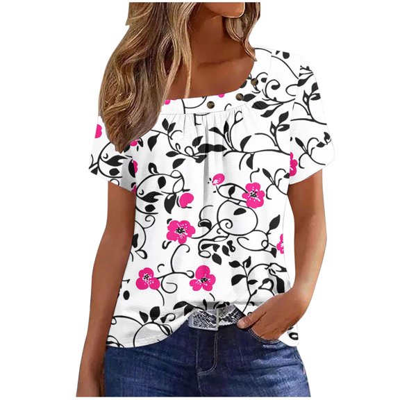 Dvprdro Womens Floral Print Round Neck Top Short Sleeve Ruched Detail Breathable Summer T Shirts