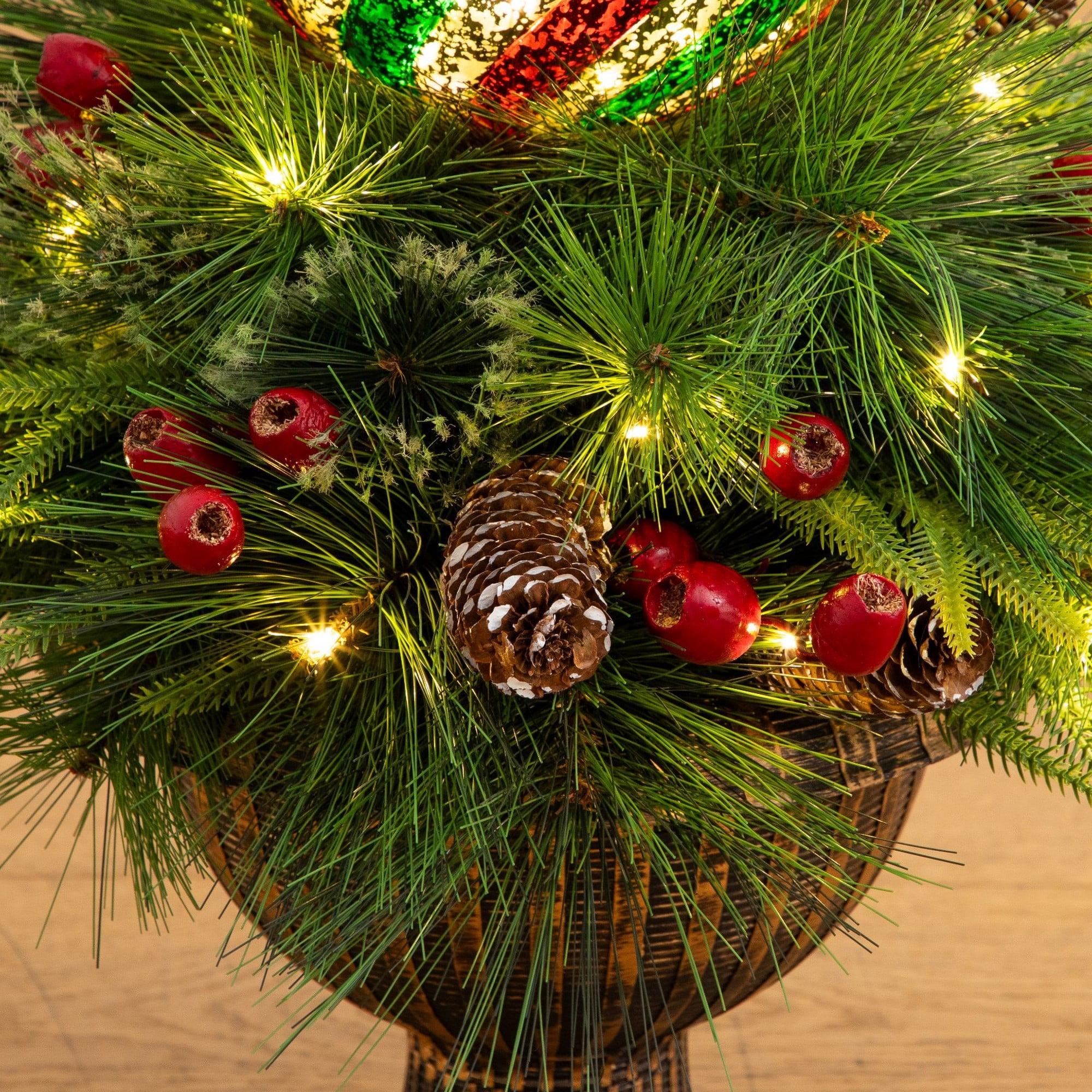 3ft. Pre-Lit Artificial Christmas Finial Ornament and Mixed Pine Topiary Tree with Berries & Pinecones and 70 LED Lights in Decorative Urn