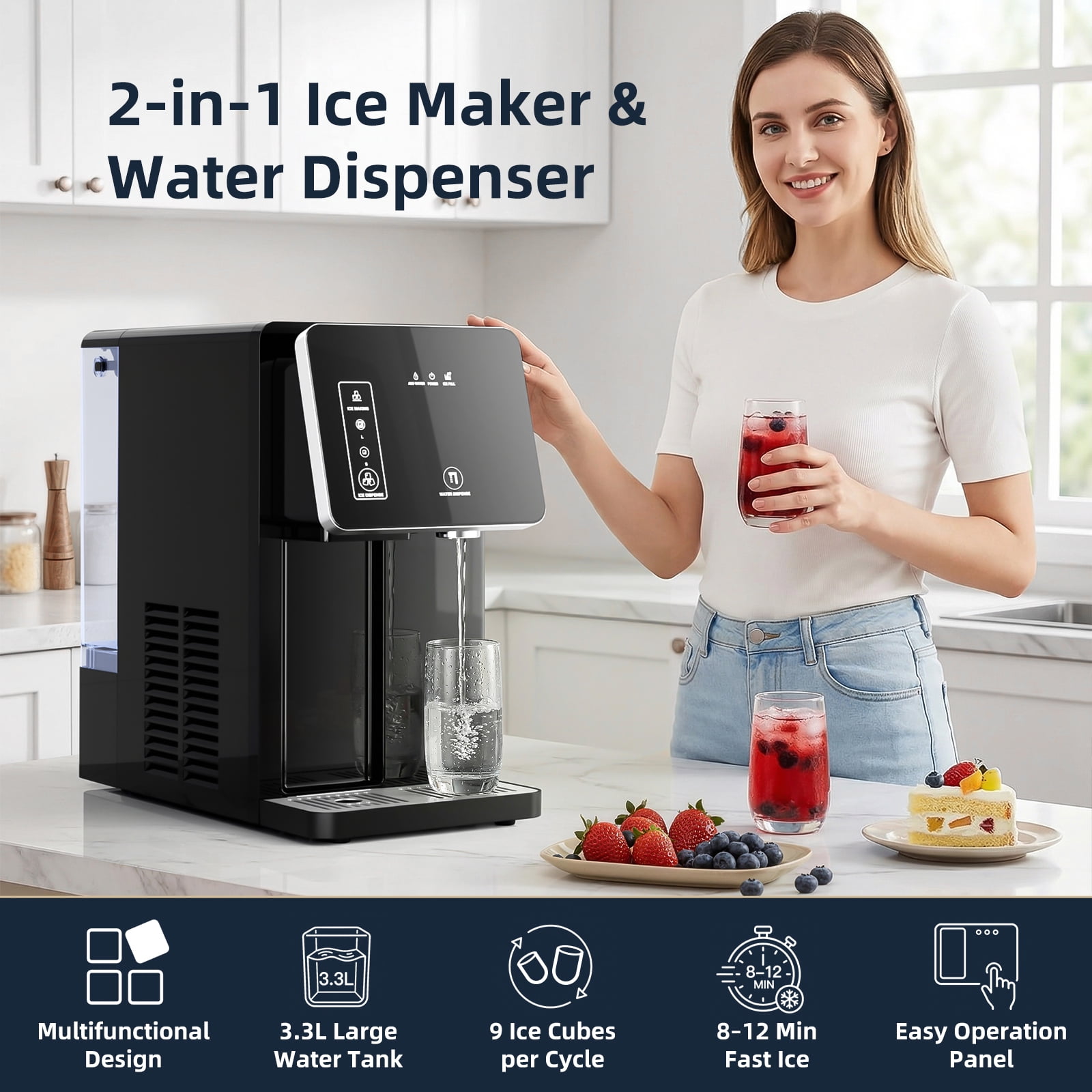 FREE VILLAGE 2-in-1 Ice Maker Machine with Water Dispenser, Countertop Tabletop Ice Maker with Large & Small Bullet Ice Sizes,26 lbs/24H Ice Ready in 6 Minutes,3.5L Removable Water Tank,Water Cooler