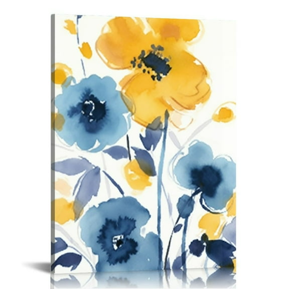COMIO  Abstract Flower Canvas Wall Art Blue and Yellow Floral Picture Bathroom Decor Watercolor Blooming Plant Painting Still Life Artwork Home Bathroom Living Room Decoration