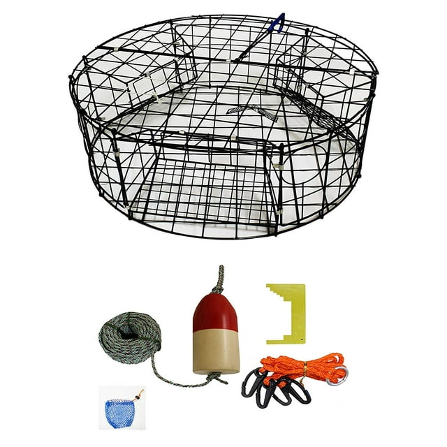 Vinyl Coated Round Crab Trap & Accessory Kit, 1/4" X100' Lead Core Rope, Clipper, Bait Case & 11" Float