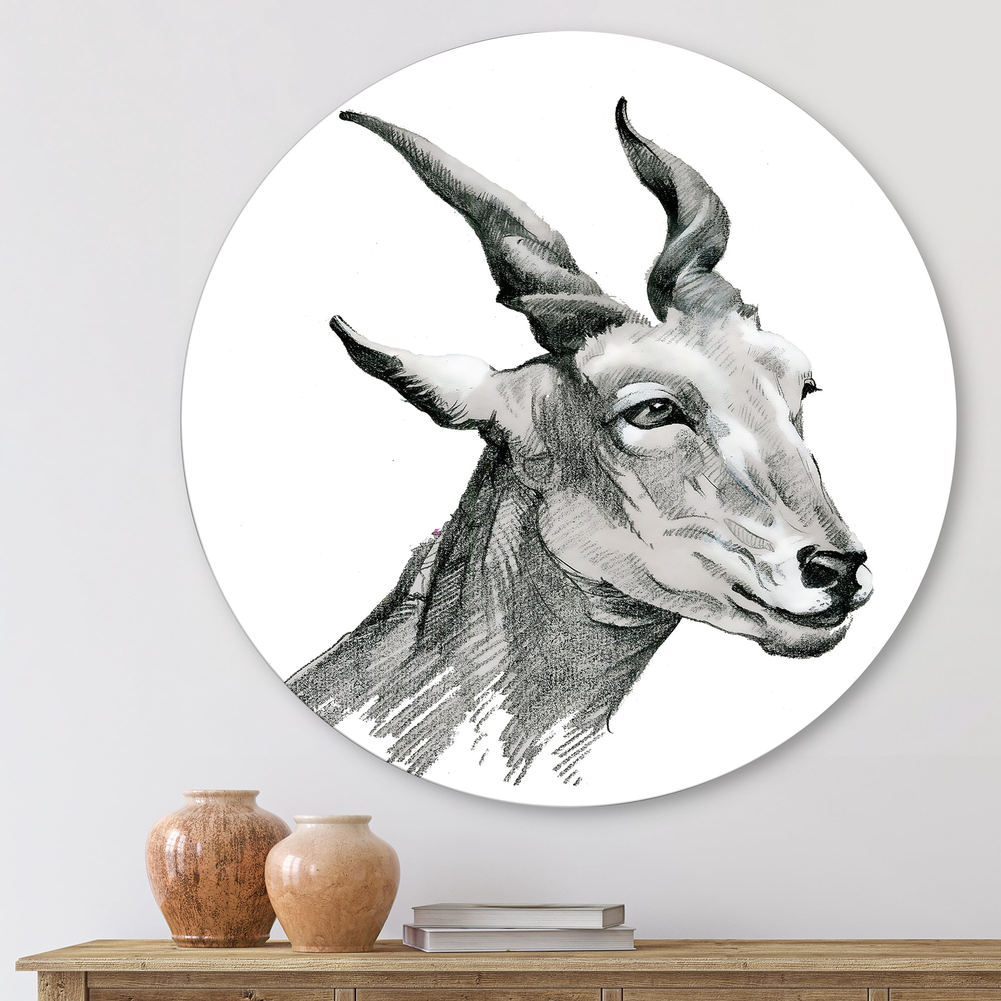 Designart 'Black and White Portrait Of Goat I' Farmhouse Circle Metal Wall Art 23x23 - Disc of 23