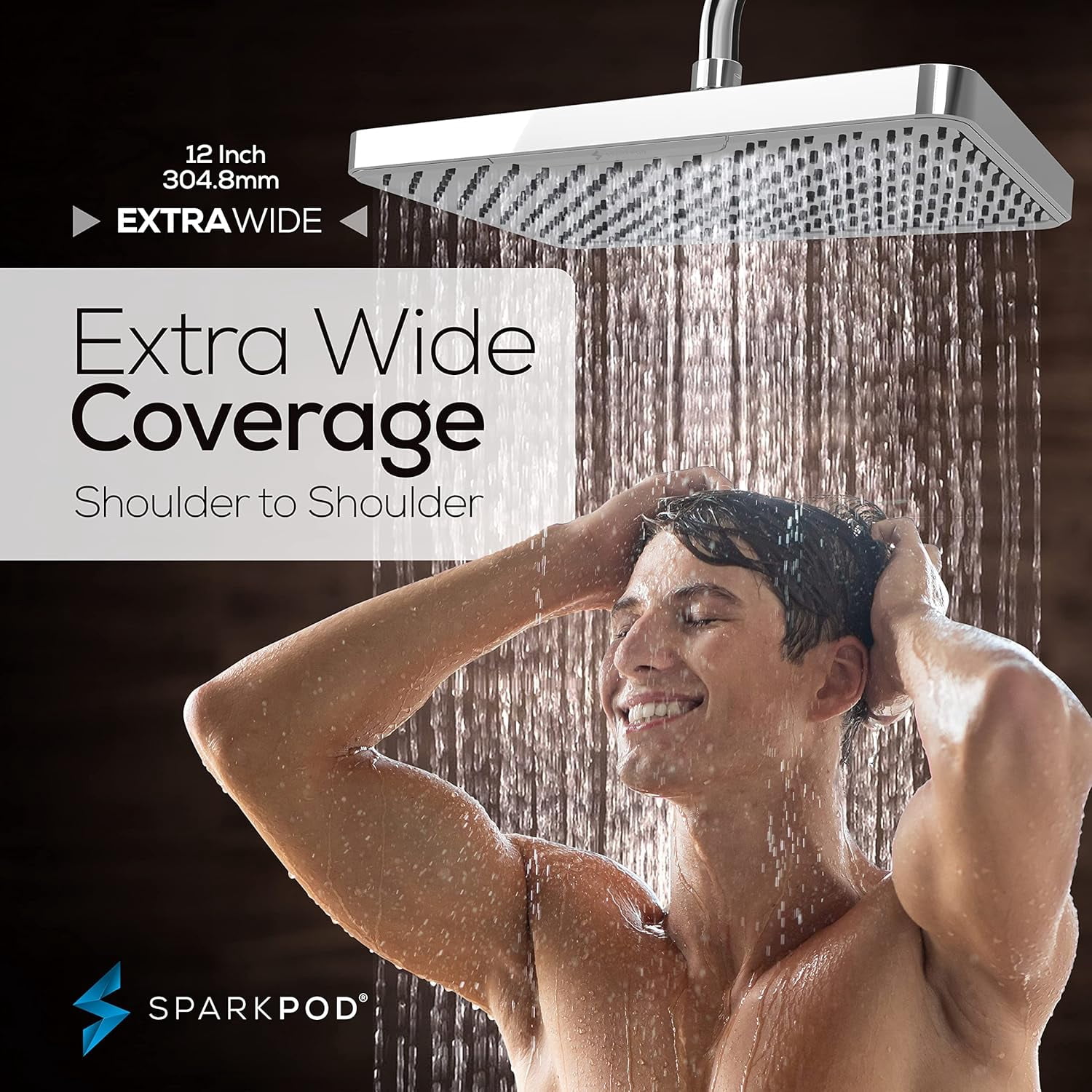 SparkPod 12" Rainfall Shower Head - Wall/Ceiling Mount - High Pressure, Anti-Clog, Easy Install (Polished Chrome)