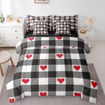 Castle Fairy 7-Piece Full Bedding Set, Red Love Heart Print Geometric Plaid Design