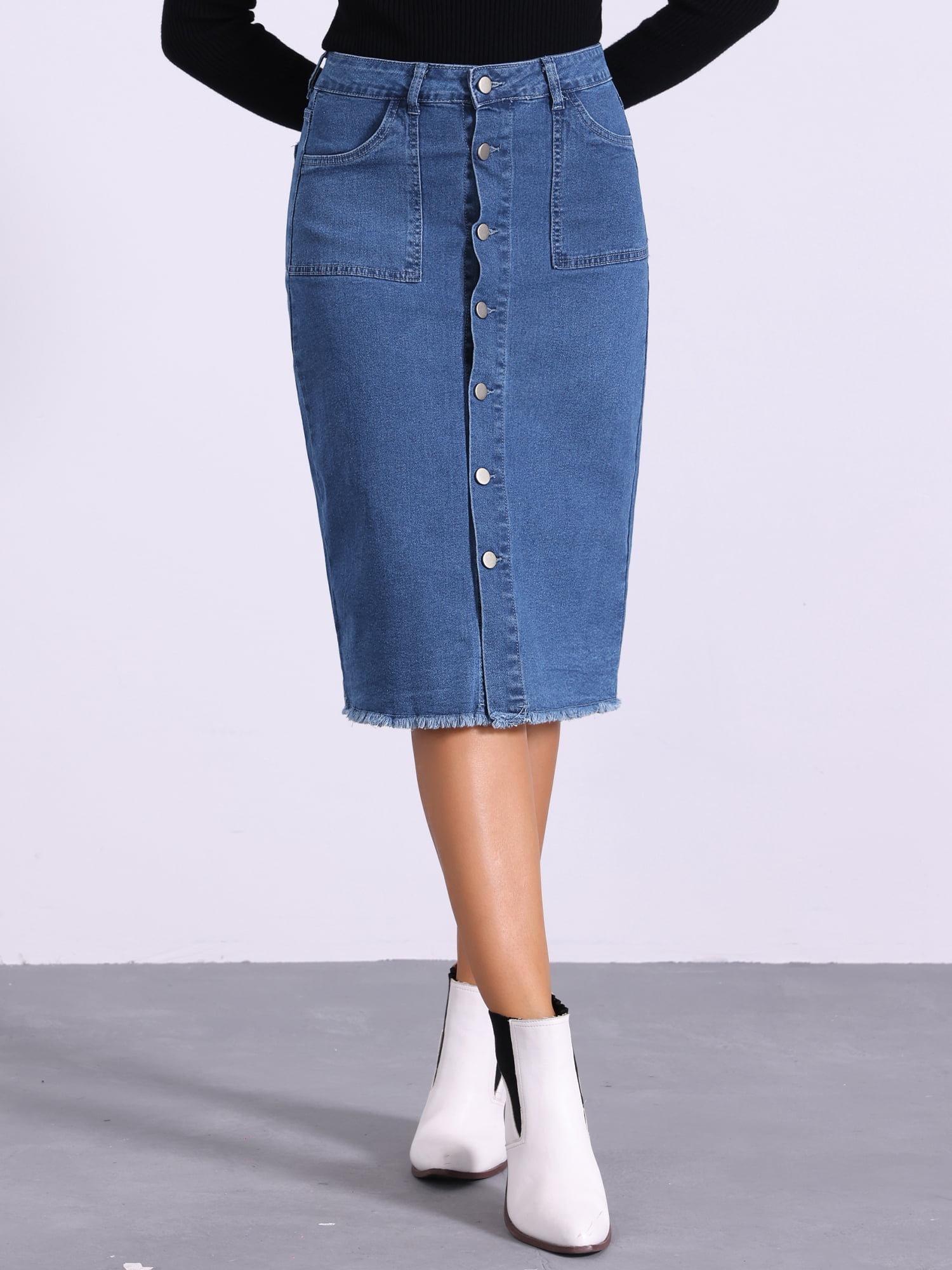 DARING DIVA Women's Button Down Frayed Raw Hem Jean Midi Skirt XS Mid Blue