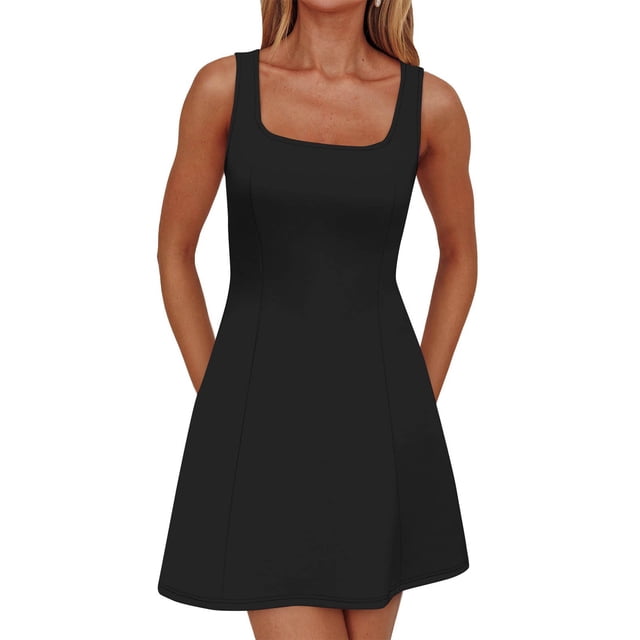 Robes Femmes DYTTDG Robes pour Femmes Sans Manches à Encolure Carrée Taille Évasée Robe Mini Économies jusqu'à 30 % de Rabais Noir,m