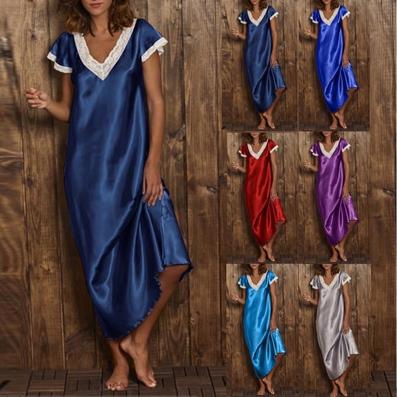 Chroia Women's Plus Size Satin Sleepshirt, Lace Trim Short Nightgown, Silky Soft Sleepwear