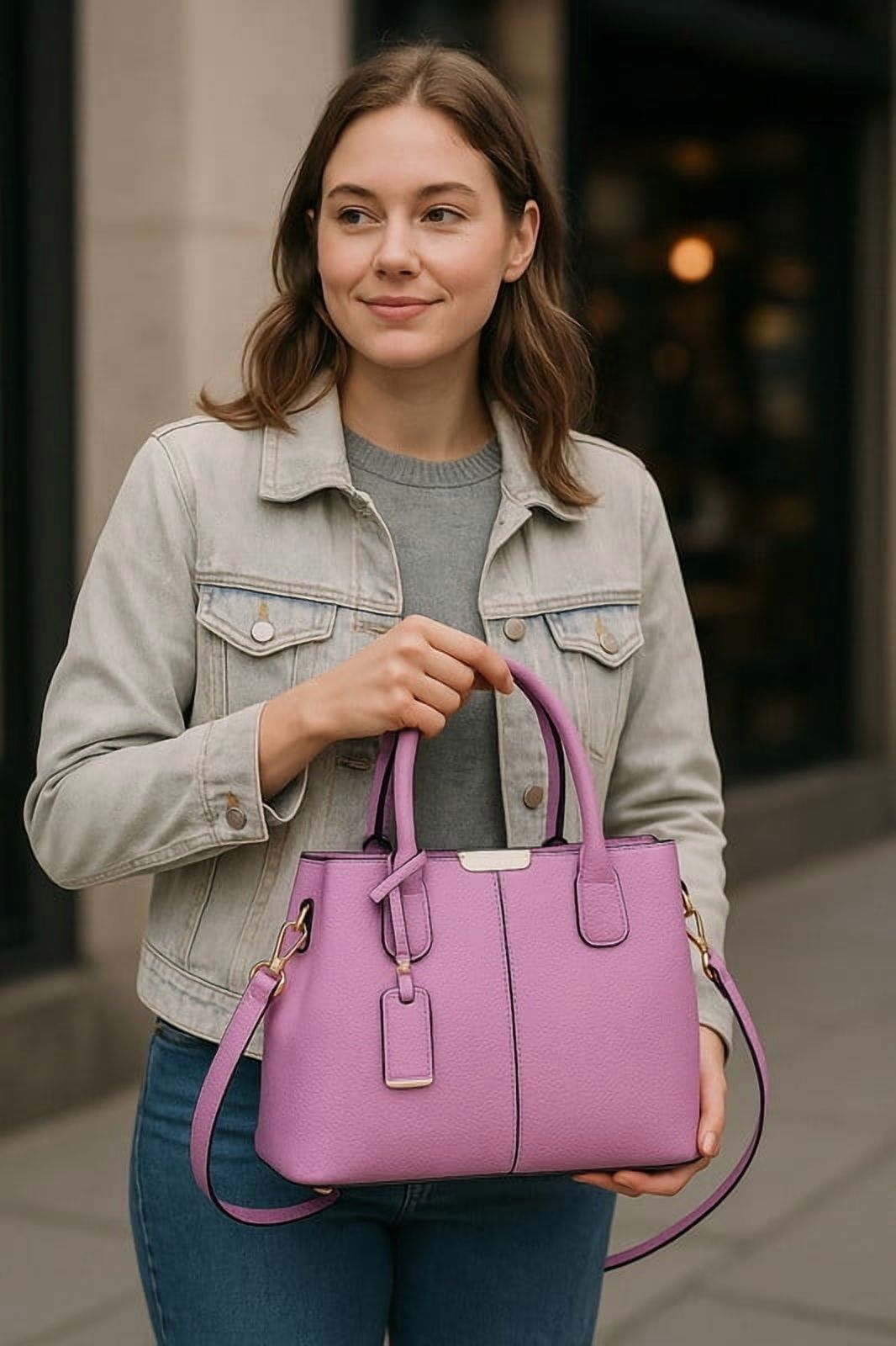 Women’s Large PU Leather Tote Handbag with Removable Shoulder Strap, Roomy Satchel Purse with Multiple Pockets for Work & Travel, 11.8×5.1×8.3 inches(Purple)