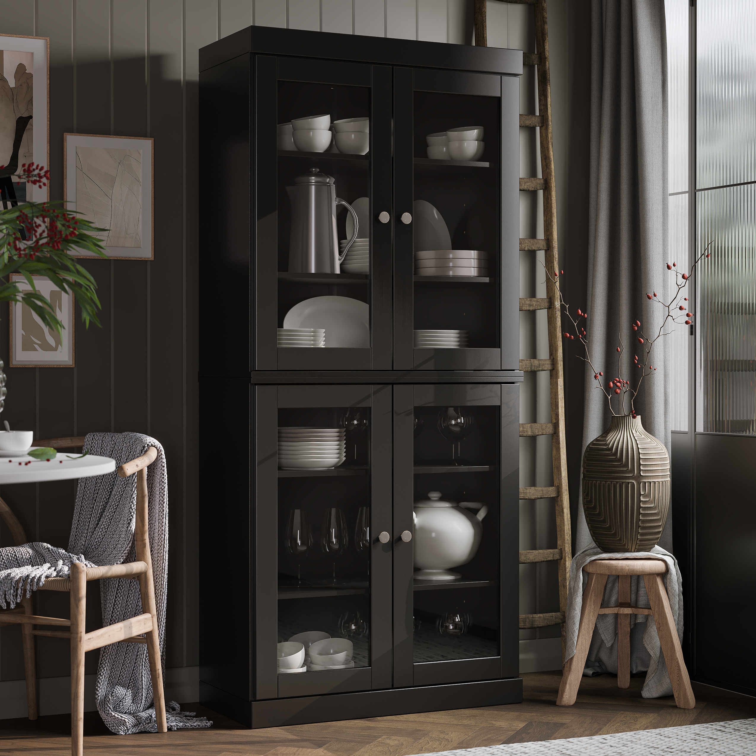 Palace Imports 100% Solid Wood Kitchen Pantry Storage Cabinet with Glass Doors and Adjustable Shelves, Black