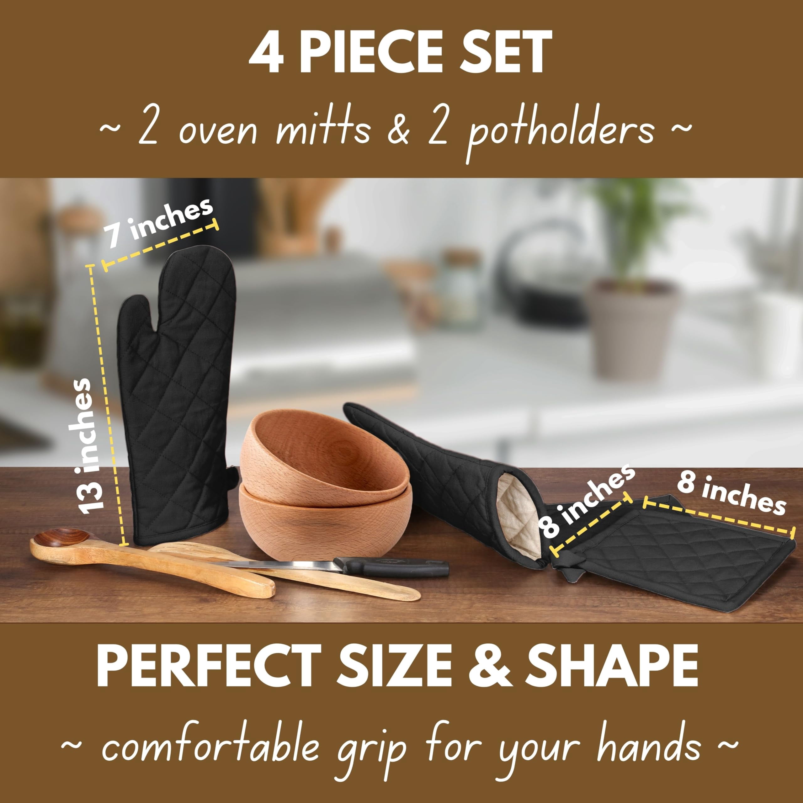 Native Fab 100% Cotton Oven Mitts & Pot Holders for Baking Cooking Hot Pans - 4 Pack - Black