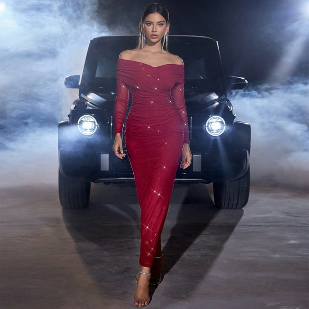 Vestido de otoño sexy y elegante, vestido largo tipo tubo con mangas largas y malla tostada