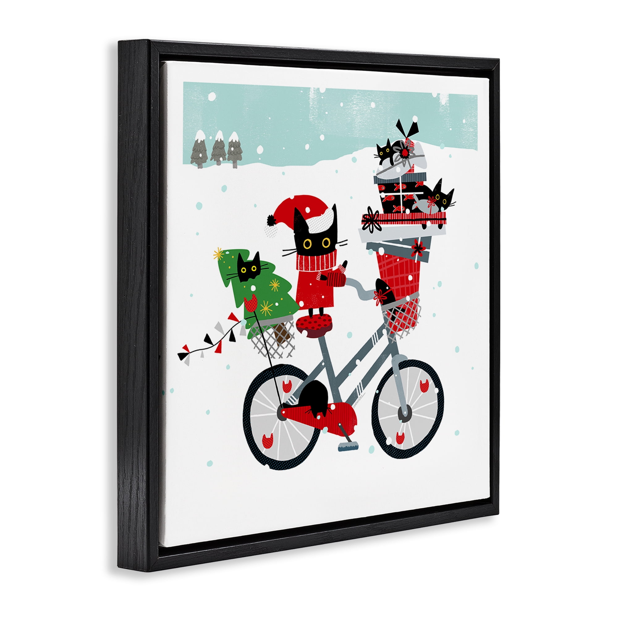 Stupell Industries Holiday Catmas Bicycle Holiday Painting Black Floater Framed Canvas Art Prints Wall Art, 18 x 18