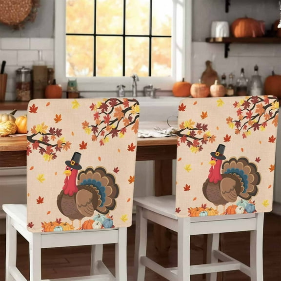 Thanksgiving Turkey Chair Covers Set of 8 Fall Pumpkin Maple Leaf Chair Back Covers Stretch Removable Washable Slipcovers Protector for Dining Room Kitchen Party Decor