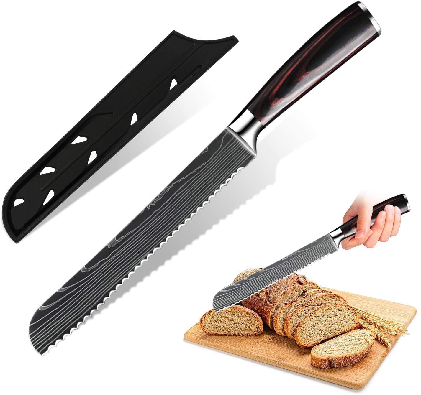 Stainless Steel Kitchen Knife Set of 2,German Carbon Steel Laser Damascus Bread Knife Santoku Paring Knives, Silver